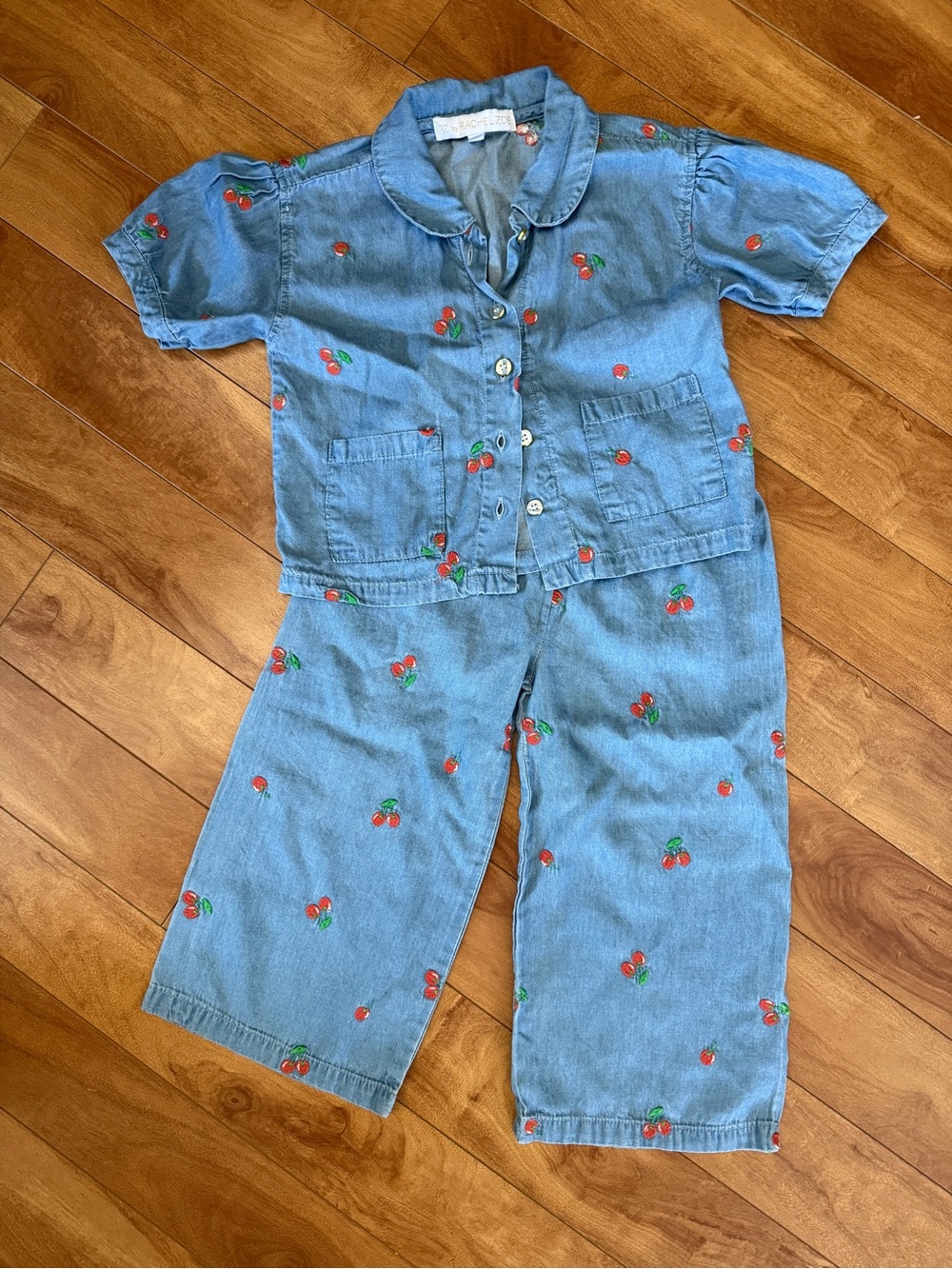 Denim Cherry-Embroidered Kids Set